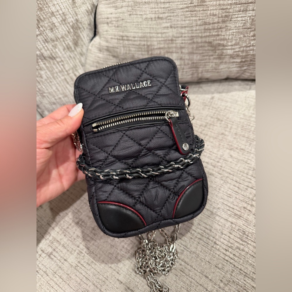 MZ WALLACE Black, Quilted Micro Crosby Crossbody Phone Bag with Silver Chain - Picture 15 of 16